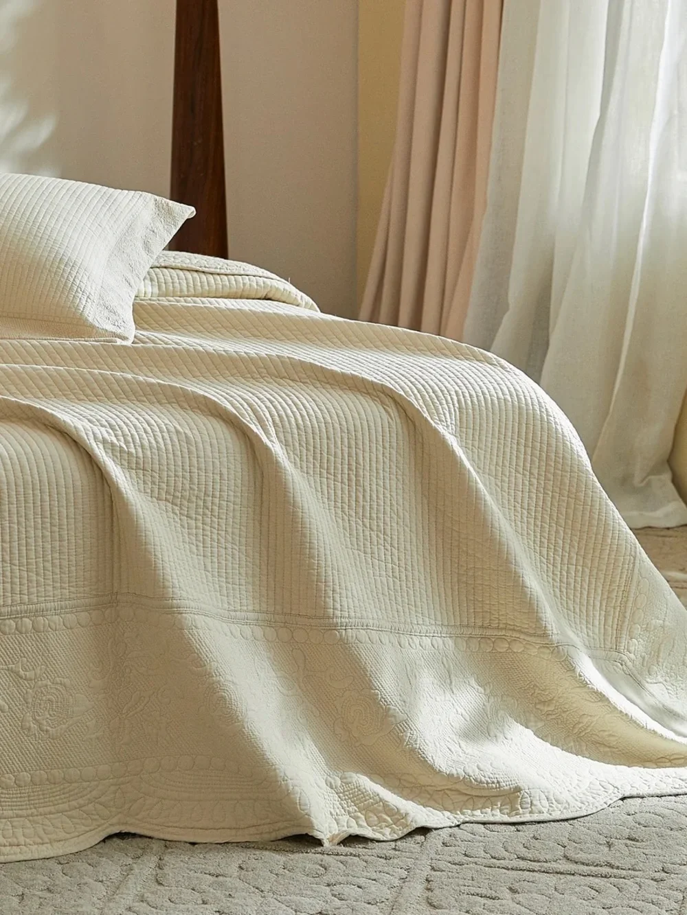 Cream Quilted Bedspread Set with Matching Pillow Shams